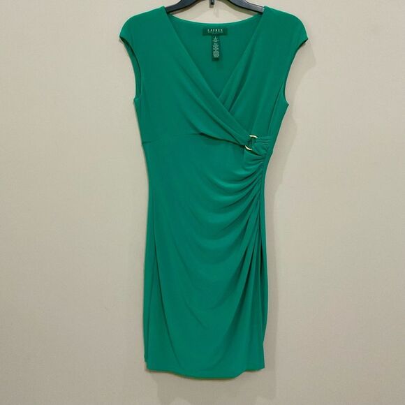 Lauren Ralph Lauren Green Surplice Dress Sz 2 Fitted Stretch Knit Cap Sleeve - Picture 1 of 5